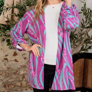 Sew in Love Magenta & Teal Abstract Oversize 3/4 Roll Up Sleeve Pocket Cardigan